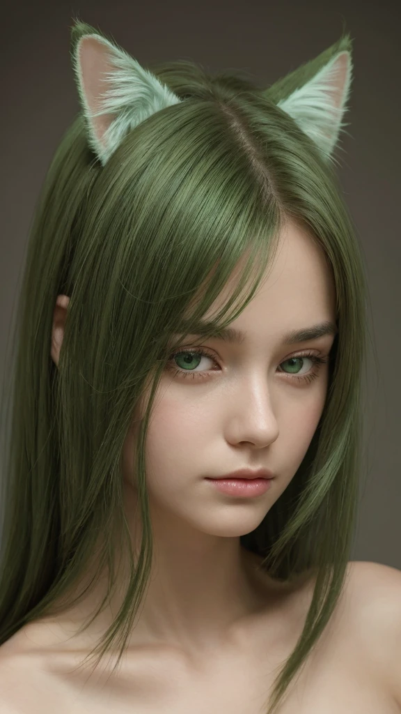 portrait of a girl. european. extremely detailed face. delicate features. oval face. long face. droopy. seductive. half-closed eyes. sad eyes. green eyes. long, straight, very thick hairstyle. green hair. fake cat ears on head. feeling sad