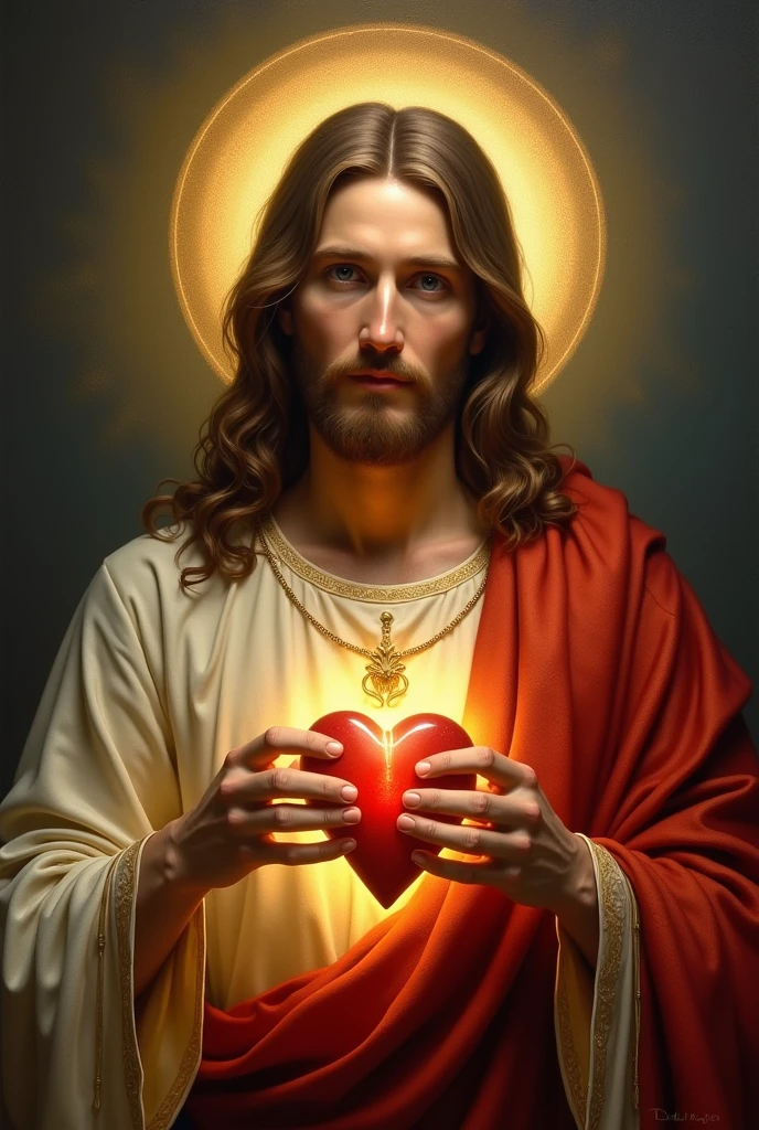 a painting of Jesus holding a sacred heart with a halo, catholic religious art, JesusChrist, by Petrus Christus, Christian art, by Johann Friedrich Overbeck, holy imagery, religious art, by Cristofano Allori, jesus face, catholic icon, cr3, portrait of JesusChrist, album art, centred in image, inspired by Petrus Christus