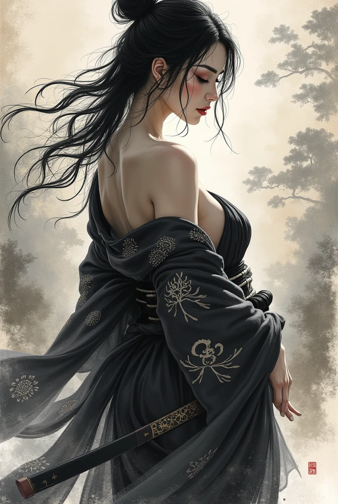 Wait warrior sexy, pretty face, Delicious Company, Alluring figure, Wearing a sexy open kimono. The artwork is created in a medium reminiscent of Japanese ink paintings....., Features bold brushstrokes and a Monochromatic color palette. artist&#39;Masterful technique reveals the intensity and power of the image&#39;sense of presence，with the highest quality, Perfectly capture every detail with ultra-high resolution. Textures and intricate patterns on kimonos are rendered with extreme precision. Lighting is carefully designed，Enhance drama, Features deep shadows and subtle highlights. General, The artwork exudes elegance and power, Combining traditional Japanese aesthetics with a modern feel. Monochromatic color palette, Combine details, Create captivating and immersive experiences for your audience.