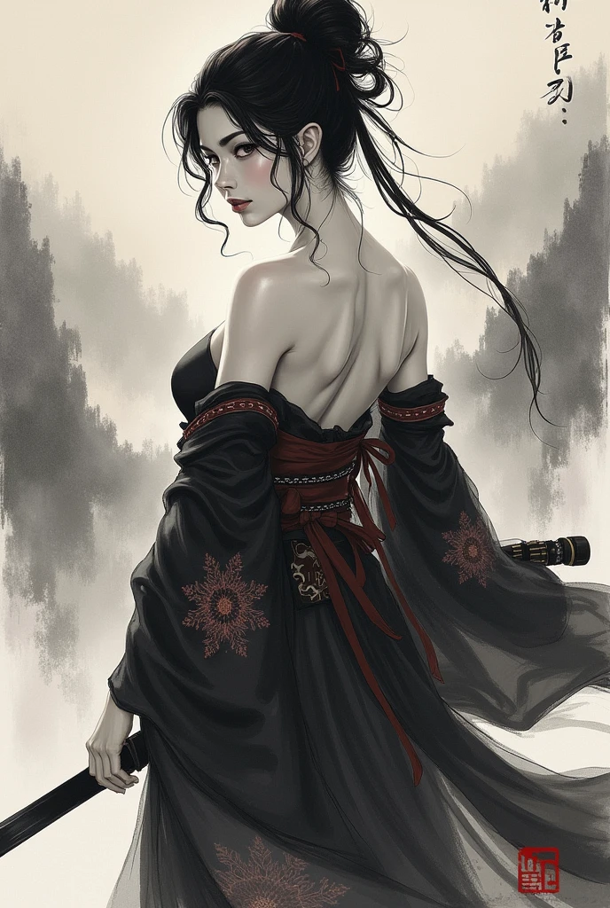 Wait warrior sexy, pretty face, Delicious Company, Alluring figure, Wearing a sexy open kimono. The artwork is created in a medium reminiscent of Japanese ink paintings....., Features bold brushstrokes and a Monochromatic color palette. artist&#39;Masterful technique reveals the intensity and power of the image&#39;sense of presence，with the highest quality, Perfectly capture every detail with ultra-high resolution. Textures and intricate patterns on kimonos are rendered with extreme precision. Lighting is carefully designed，Enhance drama, Features deep shadows and subtle highlights. General, The artwork exudes elegance and power, Combining traditional Japanese aesthetics with a modern feel. Monochromatic color palette, Combine details, Create captivating and immersive experiences for your audience.
