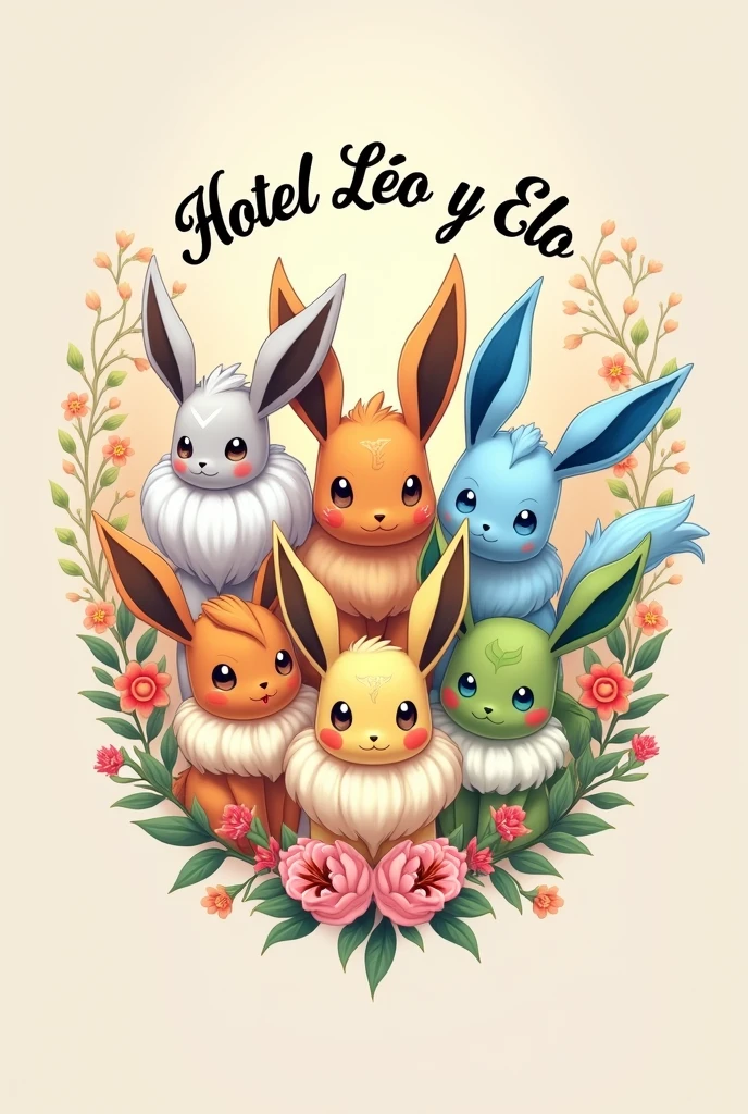 A crest with the image of eevee's evolutions with the phrase written "Hotel Léo y Elô"