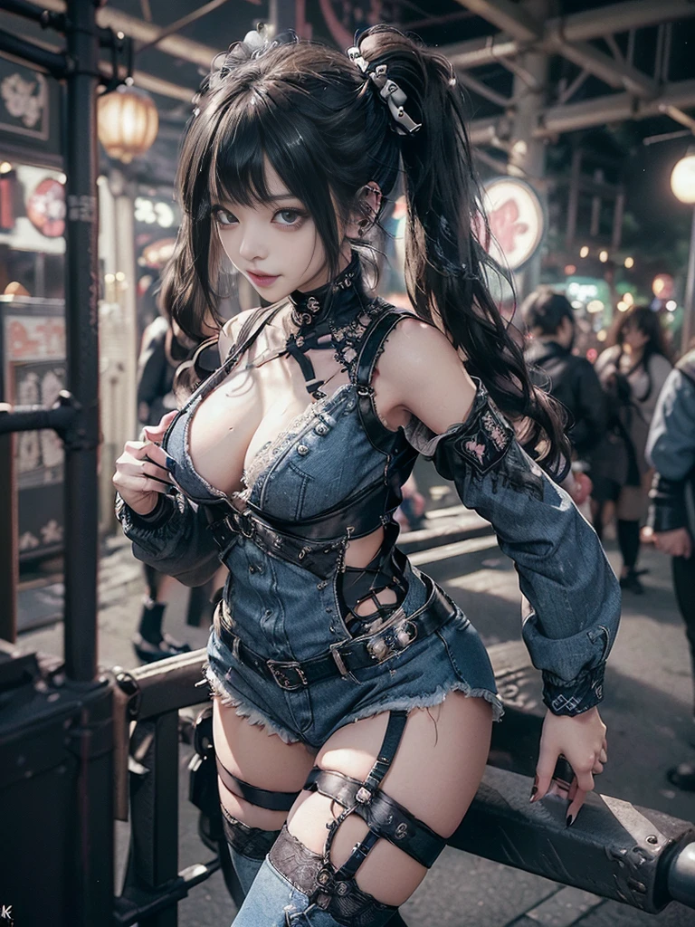(Full Body View:1.2)、(Side view:1.1)、(Smiling with teeth showing:1.3),(Shibuya Gal:1.5)、(Beautiful:1.4)、(Goth Fashion:1.5)、(Punk RockVisual Kei:1.3)、(Futuristic baby doll in black, white and denim:1.5)、(A delicate jacket in denim, beige and navy:1.5)、(Denim garter belt:1.5)、(Denim and black and white bodysuit:1.4)、(Heart-shaped silver accessories:1.5)、(Brown Skin Belt:1.4)、(Blue High Heels:1.4)、(Lace patterned underwear:1.4)、20-year-old、NSFW,((Highest quality、In 8K、masterpiece:1.3))、Sharp focus:1.2、(Layered Cut、Beautiful boobs:1.1),Beautiful woman with perfect figure:1.4、(Doing an aerobics pose:1.3)、Slender Abs:1.2、Butt、Highly detailed face and skin texture、Detailed eyes、double eyelid,(Twin tails:1.3)、(Black brown hair:1.3)、Obscene、Gravure idol、(Luxurious amusement park at night:1.3)、(Make your legs thinner:1.4)、(Thin thighs:1.4)、(Slim Body:1.3)、(clavicle:1.1)
