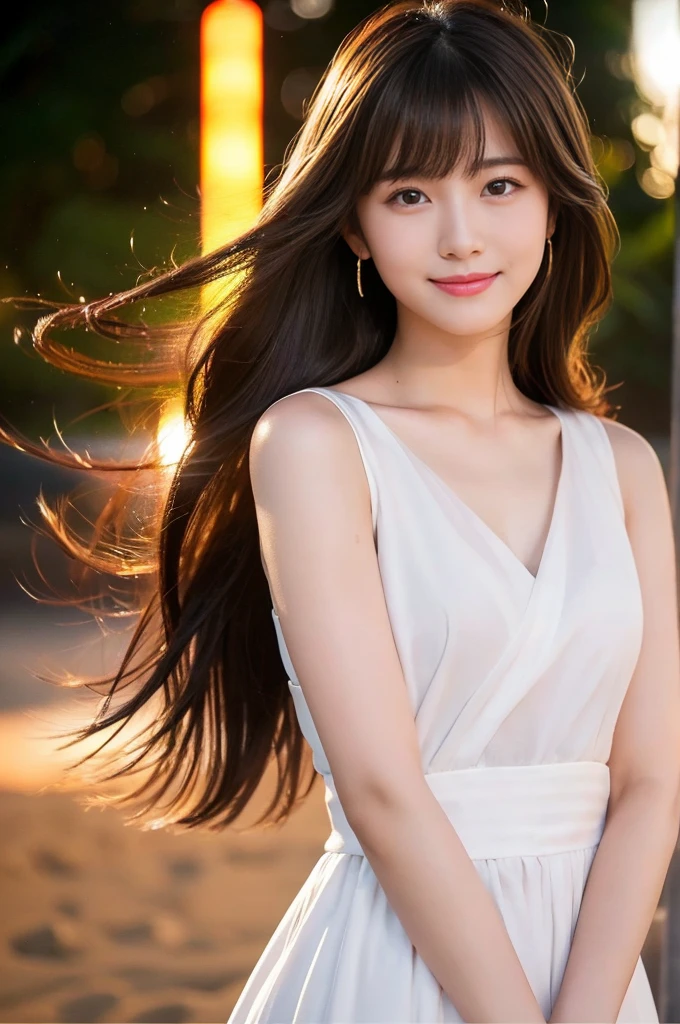 masterpiece、1 beautiful girl、Detailed eyes、Puffy eyes、Highest quality, 超High resolution, (reality: 1.4), Cinema Lighting、Japanese、Asian Beauty、so beautiful、Beautiful Skin、thin、Body facing forward、(超reality的な)、(High resolution)、(8k)、(Very detailed)、(beautiful Detailed eyess)、(Very detailedな)、 (wall-)、Detailed face、Bright lighting、Professional Lighting、Looking at the audience、Look straight ahead、white sleeveless dress、Long Hair, Asymmetrical bangs, 、sunset beach、Brown Hair、Japanese Idols、Korean Idol、Fiery idol pose、、23 years old、expensive, smile, congestion、