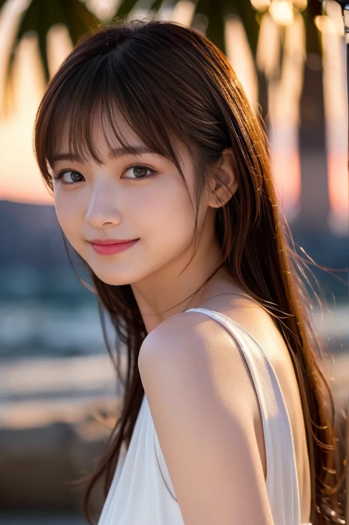 masterpiece、1 beautiful girl、Detailed eyes、Puffy eyes、Highest quality, 超High resolution, (reality: 1.4), Cinema Lighting、Japanese、Asian Beauty、so beautiful、Beautiful Skin、thin、Body facing forward、(超reality的な)、(High resolution)、(8k)、(Very detailed)、(beautiful Detailed eyess)、(Very detailedな)、 (wall-)、Detailed face、Bright lighting、Professional Lighting、Looking at the audience、Look straight ahead、white sleeveless dress、Long Hair, Asymmetrical bangs, 、sunset beach、Brown Hair、Japanese Idols、Korean Idol、Fiery idol pose、、23 years old、expensive, smile, congestion、