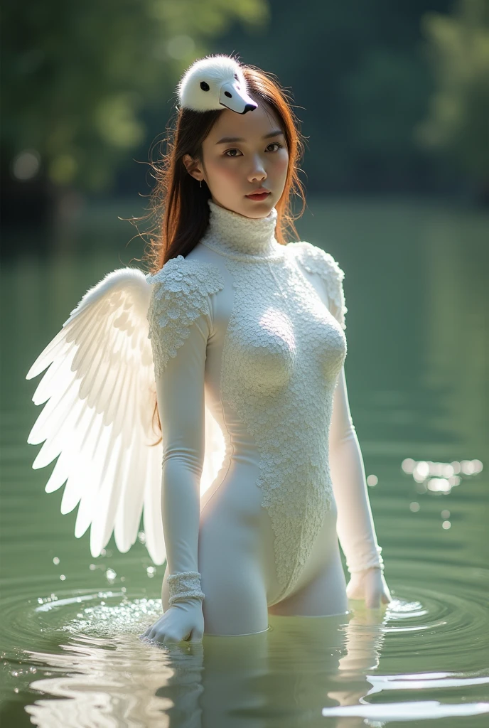 The beautiful asian adult girl with beautiful cheeks wears white swan lycra turtleneck unitard catsuit covered with many scales with a pair of wings and lycra elastane dancewear hood with swan beak.She is on the pond.