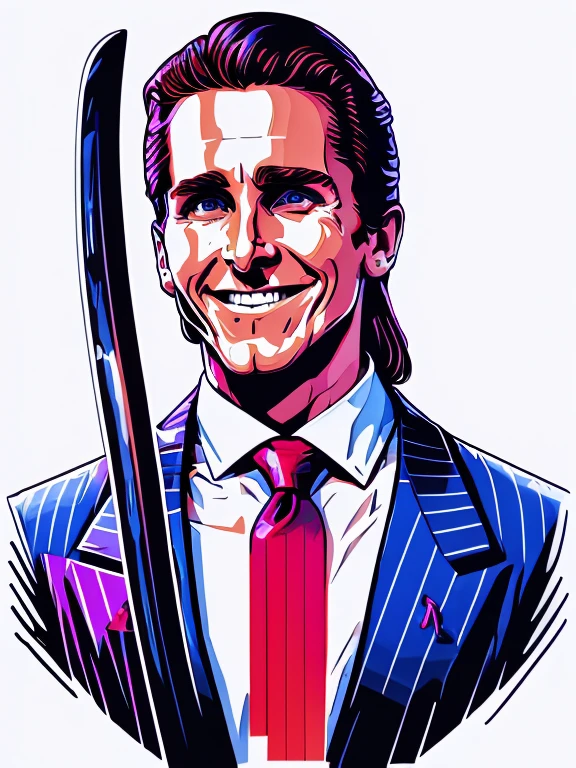 t-shirt designer, Patrick Bateman, in American Psycho (1 9 9 9), (Christian Bale), expression of happiness, joy, (holding an axe), wearing suit and tie, (white background), (vector).