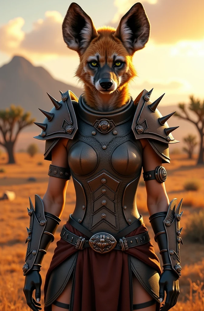 A female furry hyena wearing iron and leather armor