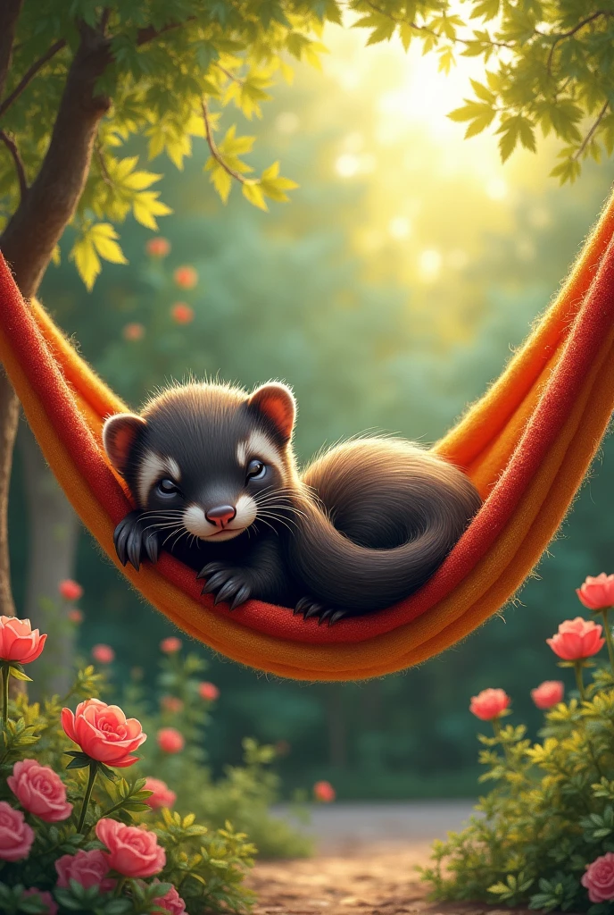 A fat, black ferret sleeping in a hammock