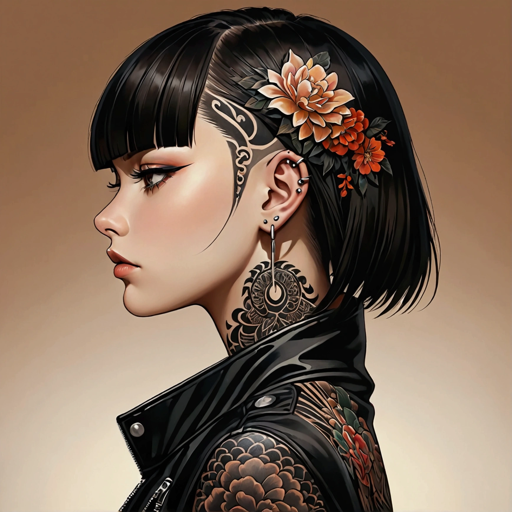 "A striking digital art piece featuring a person with a rebellious and edgy style. The person is shown in a side profile with their head tilted back, expressing a confident and bold demeanor. They have a short, sleek haircut with bangs, a detailed and intricate tattoo covering their neck, and piercings in their ears. The person wears a dark, oversized jacket, and the background Is Brown, emphasizing the intense and modern style of the image."
