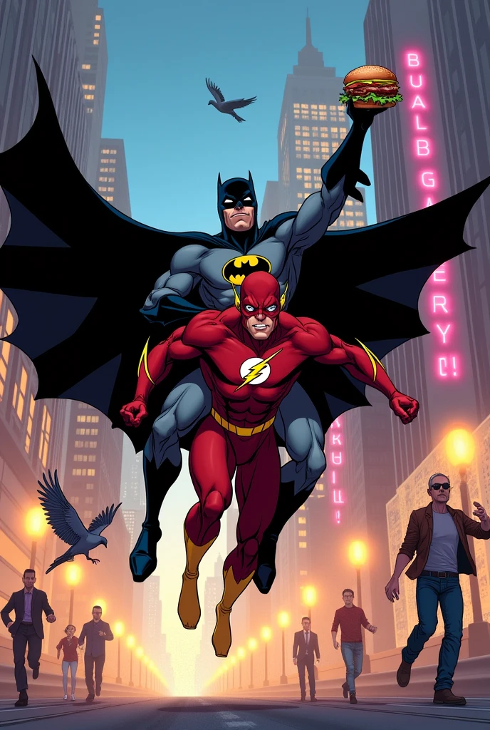 Batman riding the Flash while holding a hamburger