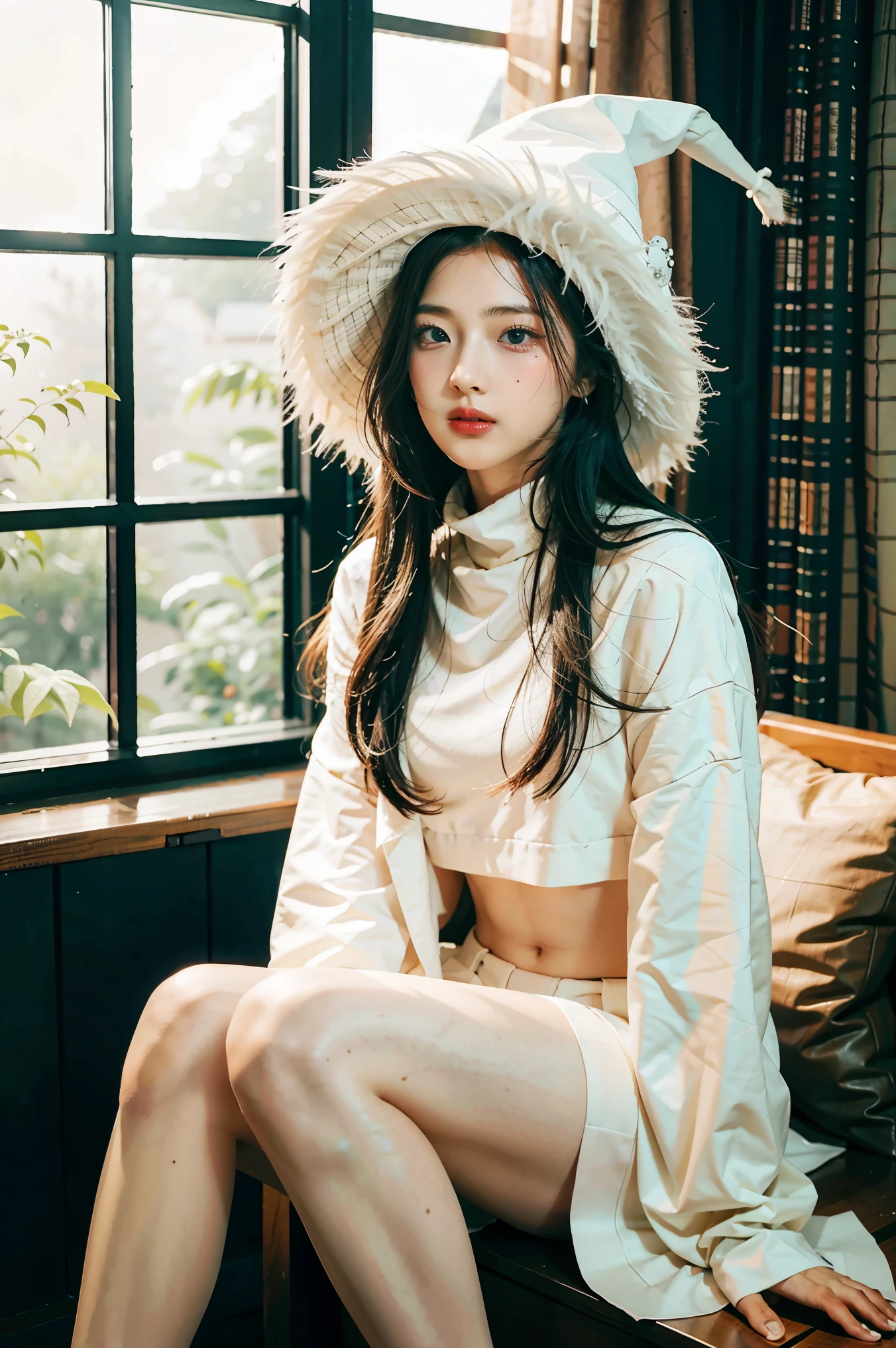 1girl, mature female, masterpiece, mistress, goddess,white witch hat,sitting