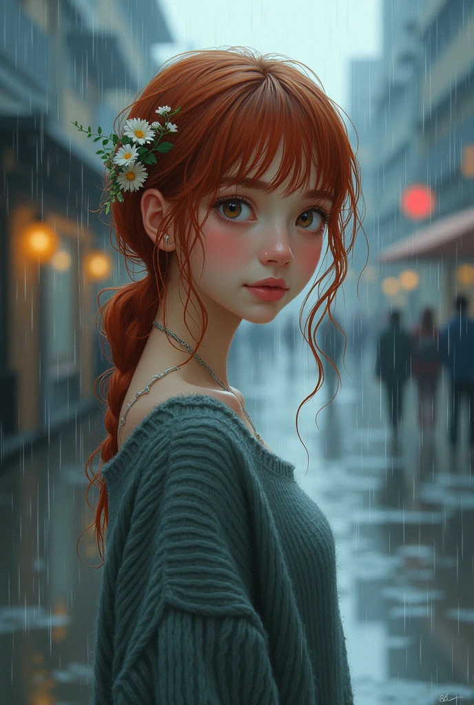 (A girl alone in the rain)、blush、View your audience、heavy rain、(Big Breasts:1.5)、thin, ((Nipples are visible:1.4)),(Loose-fitting sweater)、(Sweater with wide open chest)、Under the Rain、Girl without an umbrella、Wet Face,Wet Skin、Wet body、Wet costume、Wet Hair、flower、hairpin、necklace、Looking up from under the earrings、Written boundary depth、尖ったRed Mouth、(Reddish brown wet shiny short hair,,,,,,,),Red Mouth,clavicle、Beautiful fingers、Hourglass Shaped Body、Full body portrait、cute Wet Face、Digital Illustration, (Realistic:1.3),(RAW Photos.), (Tabletop,Highest quality,Ultra-high resolution output images,) (8K quality,),(Picture Mode Ultra HD,),(Picture Mode Ultra HD)、((Full body photo))、((Erect nipples:1.2))