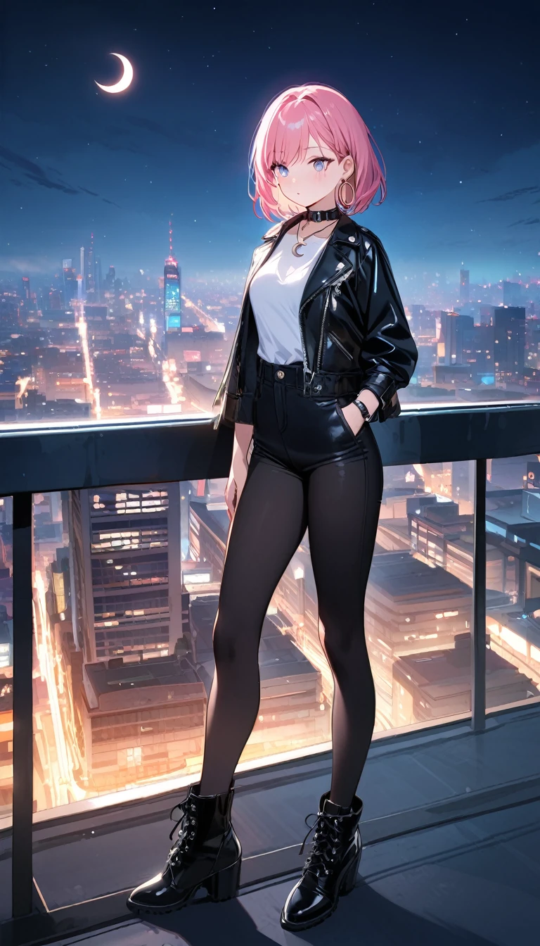 (1 girl), (Best Picture Quality, 8K, Masterpiece:1.3), (high school student:1.5), ((pink lob hair:1.1)), (bob cut), (swept bangs), (cute eyes, pupil black, iris skyblue, youthful face), (mole under right eye), (standard weight), (small breasts), (big hip), (glistening skin:1.1), (pale skin:1.2),
BREAK
half-sleeve black leather jacket, subtle silver zippers, worn open, BREAK fitted white t-shirt underneath, BREAK skinny black jeans, high-waisted, slightly faded, distressed knees, BREAK black leather ankle boots, pointed toe, low heel,
BREAK
accessories: silver necklaces, crescent moon pendant, small hoop earrings, black leather wristwatch, silver cuff bracelet, matte black nails,
BREAK
pose: standing with weight shifted, hand in pocket, other hand on jacket collar, BREAK looking far into the distance, serene expression, hair tousled by breeze, jacket flapping slightly,
BREAK
setting: rooftop, metal railing, worn concrete, distant skyscrapers with illuminated windows, blinking neon signs, few cars below, BREAK night sky with stars, crescent moon casting soft light, airplane lights blinking, shadows on ground,
BREAK
camera angle: side angle, eye level, capturing subject and cityscape, focus on expression and lights, BREAK lighting highlights her hair and face, city lights in the background,
BREAK
atmosphere: quiet, introspective, distant traffic sounds, occasional wind gusts, rooftop as peaceful escape