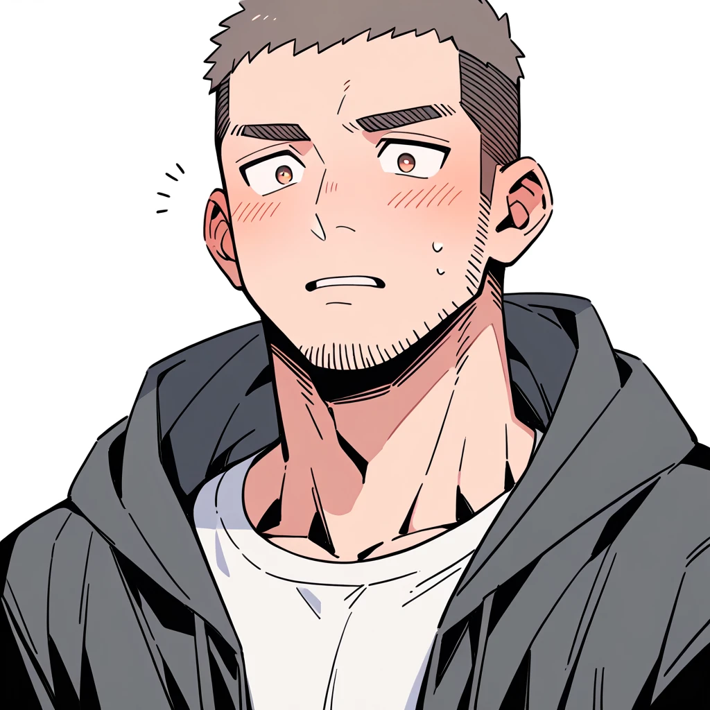 anime characters:Priapus, Muscle Sports Student, Buzz Cut, Manliness, male focus, Sports tight hooded sweatshirt, Very tight, full and perky chest muscles, muscular male, muscular, only, Upper body, alone, Red short hair, Thick eyebrows, stubble, Brown-red pupils, White background, simple background, amazing quality, best aesthetics, Ridiculous, crew cut, parted lips, flustered, endured face, shy, blush, negative space, best quality