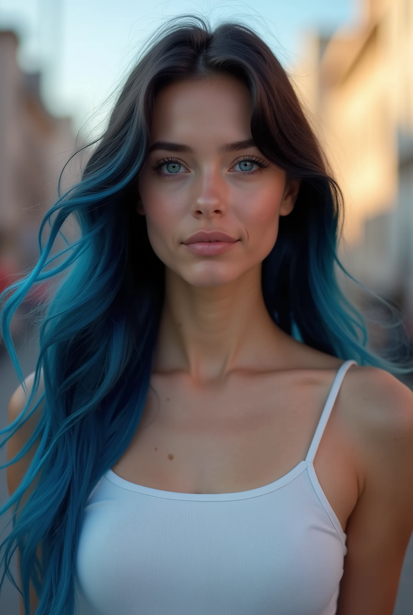 A cute fit flirting and charming 18 years old woman with long black-to-blue gradient hair, bright and reflective blue eyes. white spaghetti fit shirt. Shot with Fujifilm GFX 50R, Fujinon GF 110mm f/2 R LM WR, set at f/2, 1/400s, ISO 100