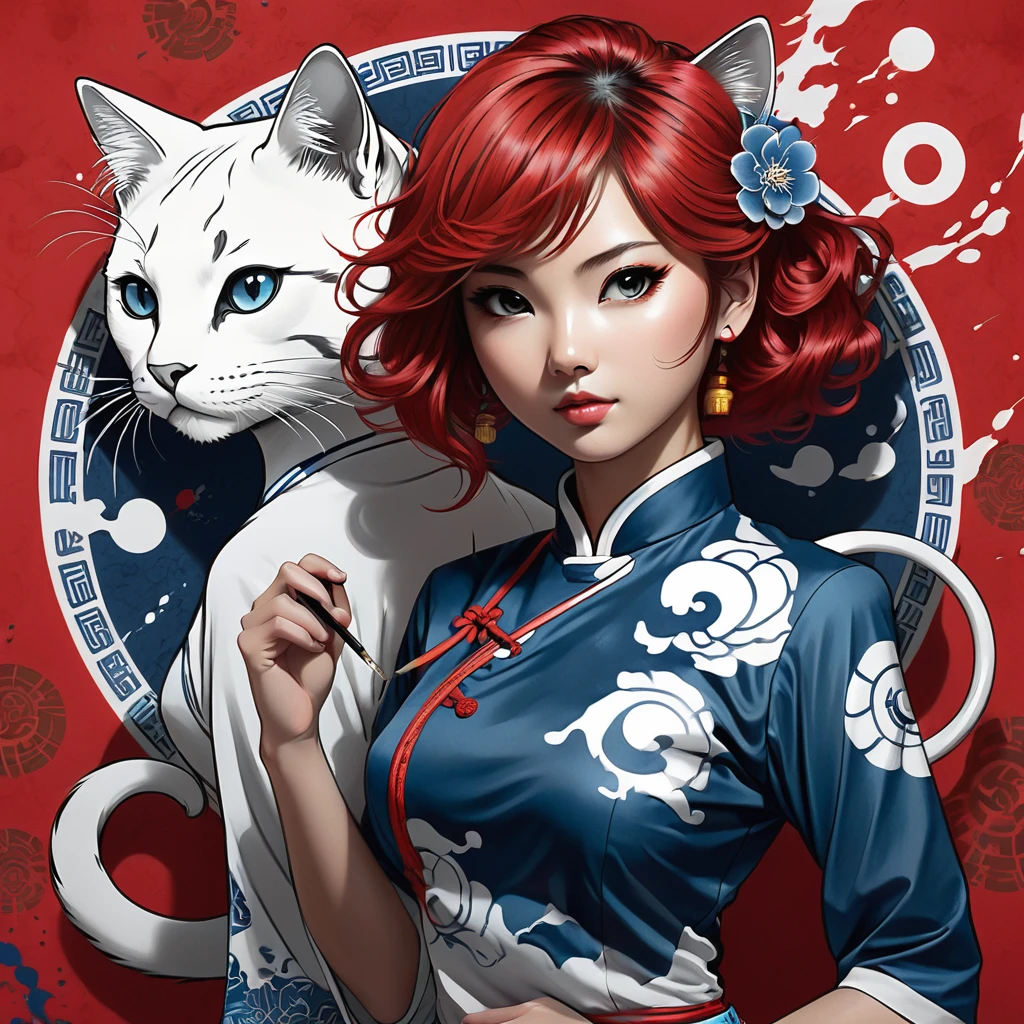(Pencil_outline:1.2, messy lines, greyscale, Traditional media, outline),a girl, carne, Eyes red,hair with highlights, hair with highlights, Blue and white porcelain cheongsam, Black and white yin yang tai chi background, gangster girl, contra-luz, deep-shadows, silhouette cat light, Cat crouches on the shoulder of the , Charming suit with cheongsam design, minimal style, Tai Chi, Yin Yang Style, splatter paint style background., Bright dark, shine light, contra-luzing, motion lines, Carlos Larsson, ultra HD, anatomically correcte, work of art, retina, ultra HD, work of art