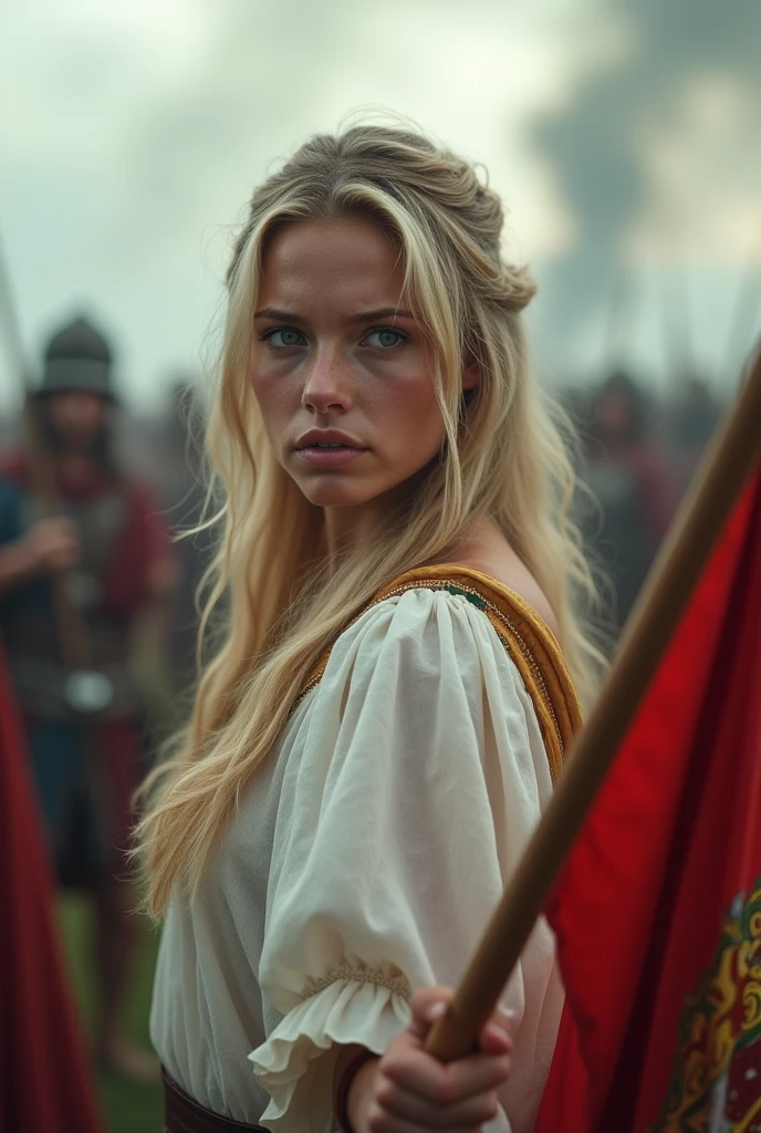 Roman empire years, very beautiful girl with blue eyes and blonde hair, slim waist, slim body, wearing a transparent white Roman uniform and carrying a Roman flag, crying and looking angrily towards the camera, photo taken on a battlefield with sony iv6700 camera, background battlefield, smoky and foggy, (face detailed:0.2)