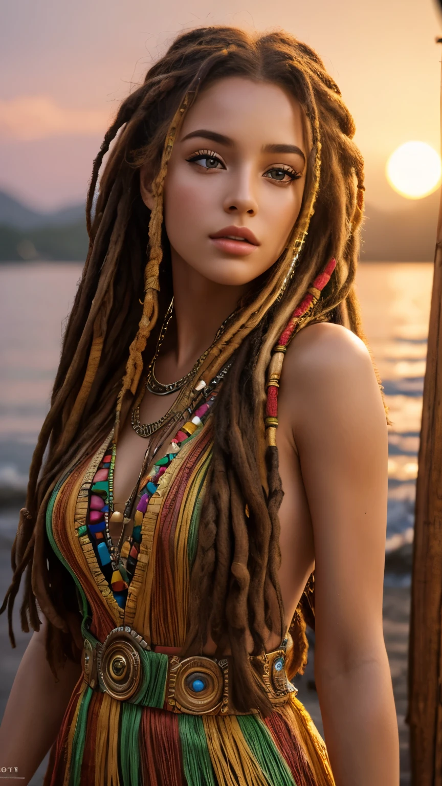 a beautiful young woman with hippie-style hair and dress, detailed eyes and lips, cinematic 8K resolution, photorealistic, shine body, rasta hair