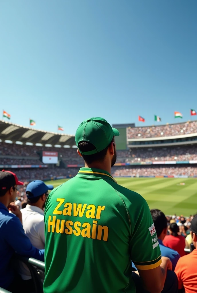 I want a cricket fan watching a match Pakistan versus India and their Jersey is and there Jersey name is zawar Hussain khaki