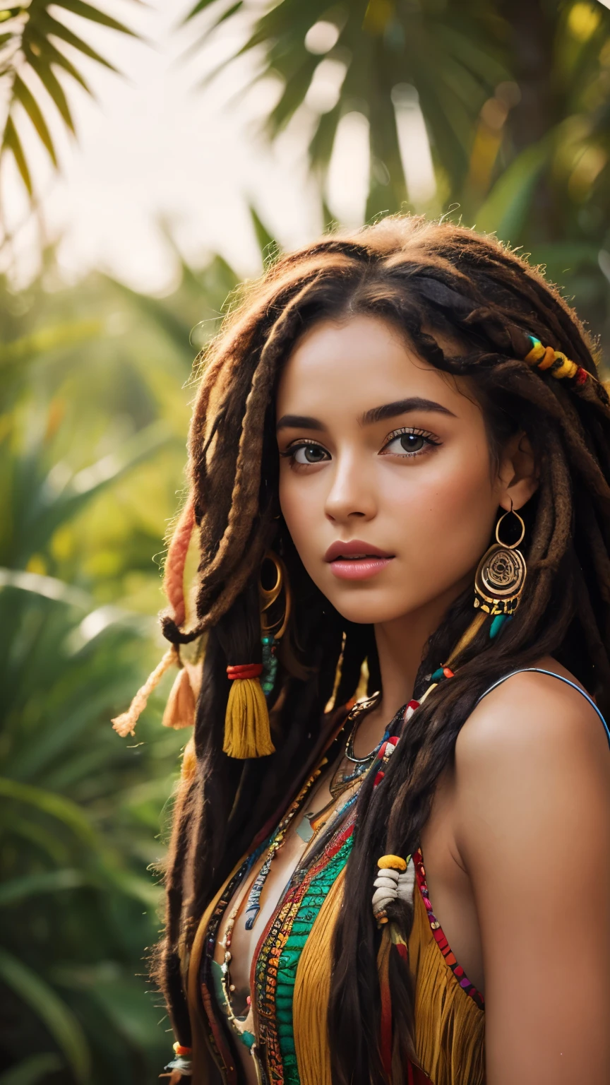 a beautiful young woman with hippie-style hair and dress, detailed eyes and lips, cinematic 8K resolution, photorealistic, shine body, rasta hair