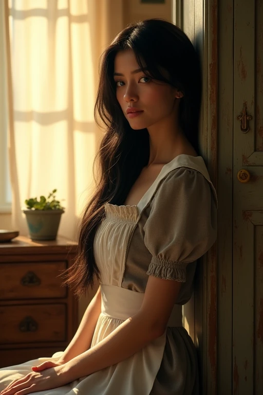 beuty maid working in the house and and she tired長い髪, chest, blue eyes, Black Hair, tongue, masterpiece, 
