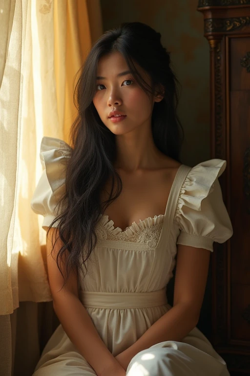 beuty maid working in the house and and she tired長い髪, chest, blue eyes, Black Hair, tongue, masterpiece,