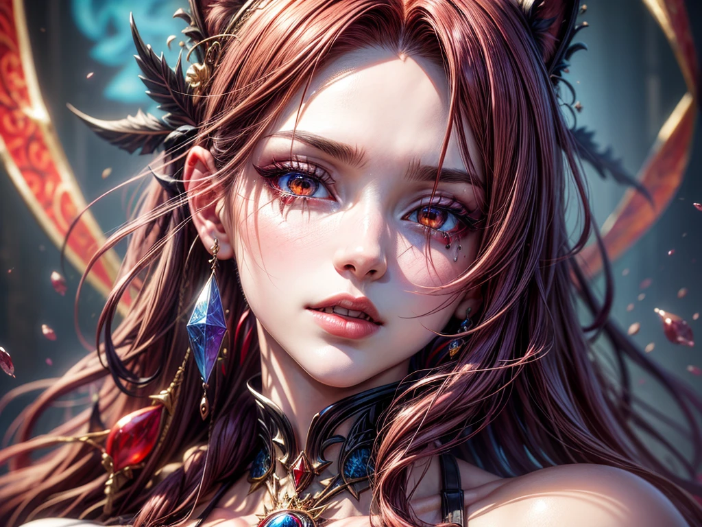 a portrait of vampire with a bloody tear coming down from he eye, an exotic beautiful female vampire, red hair color, dynamic hair style, ultra detailed face, best detailed face, silver eye color, ((1single red teardrop: 1.3)), ((tear drop made from blood)), ((teardrop coming down from the eye: 1.3)), small cleavage, wearing two black diamond earrings, Ultra-high resolution, High Contrast, (masterpiece:1.5), highest quality, Best aesthetics), 16K fantasy art, best details, best quality, highres, (ultra wide angle: 1.2), 16k, [ultra detailed], masterpiece, best quality, (extremely detailed),  Daily-Challenge, FANTASIA
