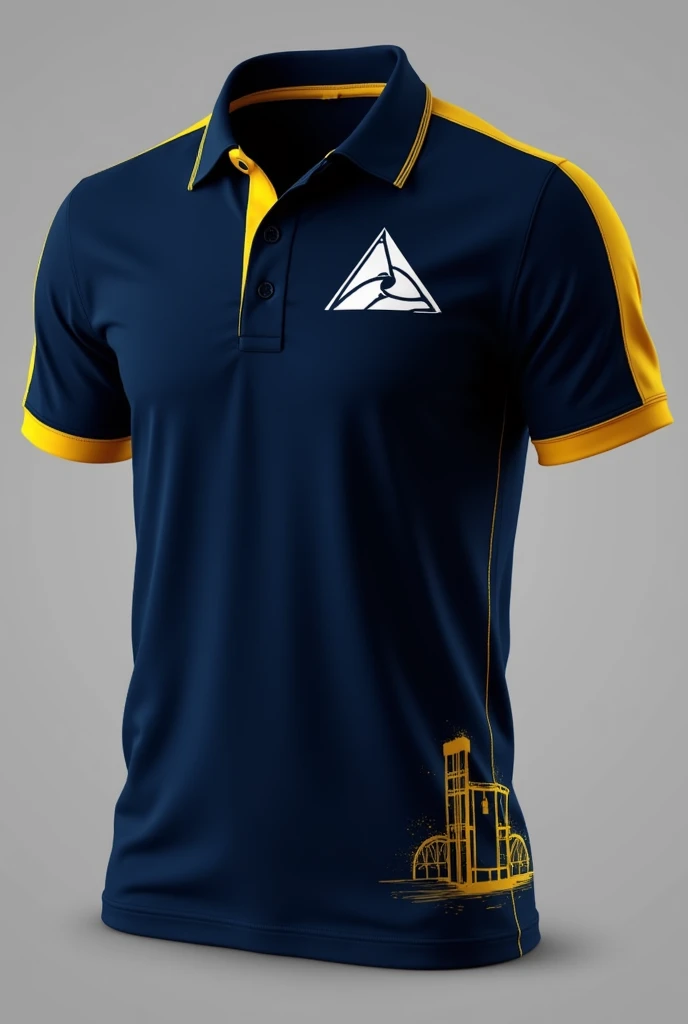 make me a front and back polo shirt for Civil Engineering organization. make it a color of navy blue, mustard, and white