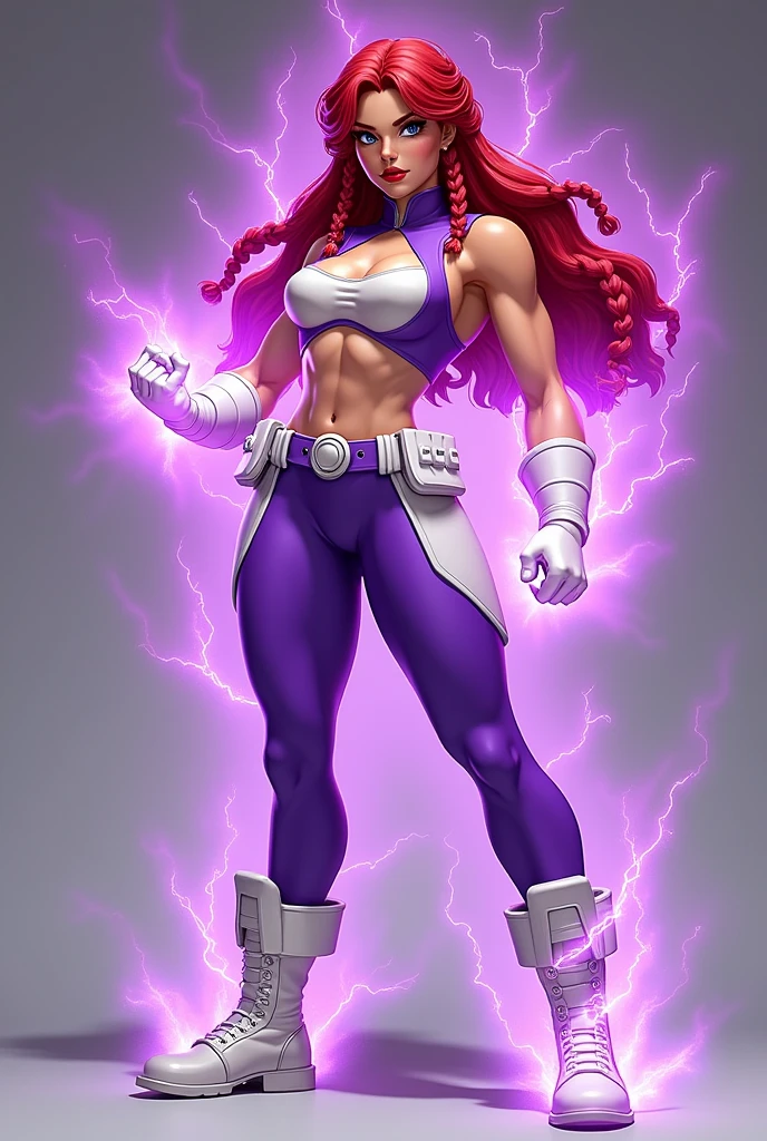 Rhea Jones, Lodestone from doom patrol, (spritesheet 4 frames of a punch:1.6), (red 2 tiny braids long hair:1.4), (huge breast:1.6), wearing a violet costume, big white in the chest and stomach, with white belt, white glowes, white boots, (screenshot of a beat em up videogame), (she's surrounded by a purple energy:1.5), (3d style:1.4)