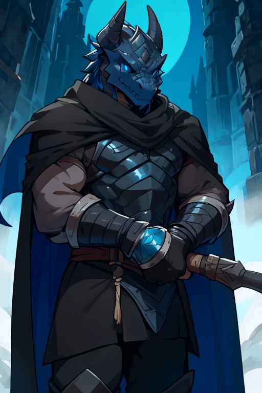Dragonborn with black scales and blue eyes wearing a cape with rogue's clothes.