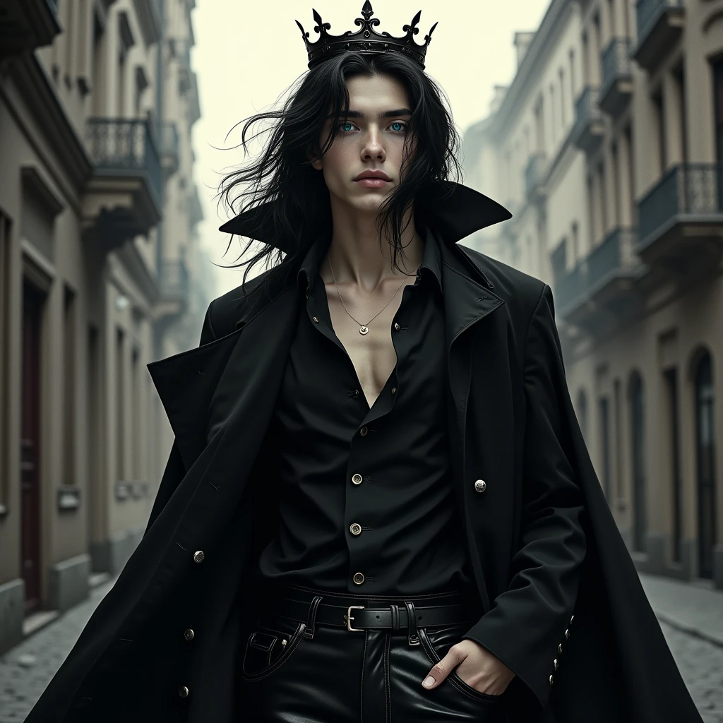 A sexy young male with teal blue eyes and long black hair, with nice and delicate facial features, he is wearing a black trench coat and shiny black leather jeans. His skin is pale and white. He has crown. He's towering over you. (Male) (no facial or body hair)) masterpiece, best quality, ultra-detailed, best shadow), (detailed background), (beautifully detailed face), high contrast, hyper detail, intricate details. (Black and white) (nostalgia)