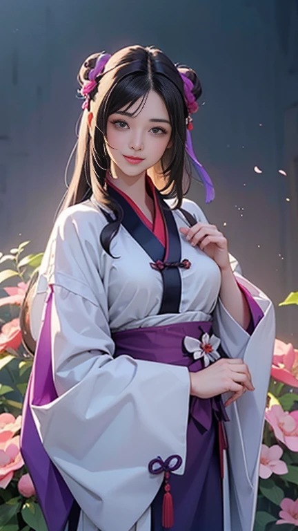 ( High resolution、 Super detailed)、masterpiece、Highest quality、High resolution、8k、Detailed Anime、Buildings from the Tang Dynasty、Tang Dynasty China、Tang Dynasty China、Young and beautiful woman、Beautiful Face、Beautiful Face、Pretty lips、Hanfu、(Full Body Shot)、Hair styled in a bright-colored round bun、Smiling eyes、Walking、background、garden、Colorful flowers、Plum blossom、Vibrant colors、Detailed CG、