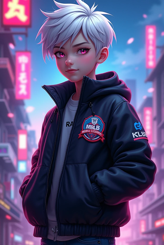 The boy. gamer. Jacket colour is black. hair is white. text Razor. photo is anime. logo is mlbb.