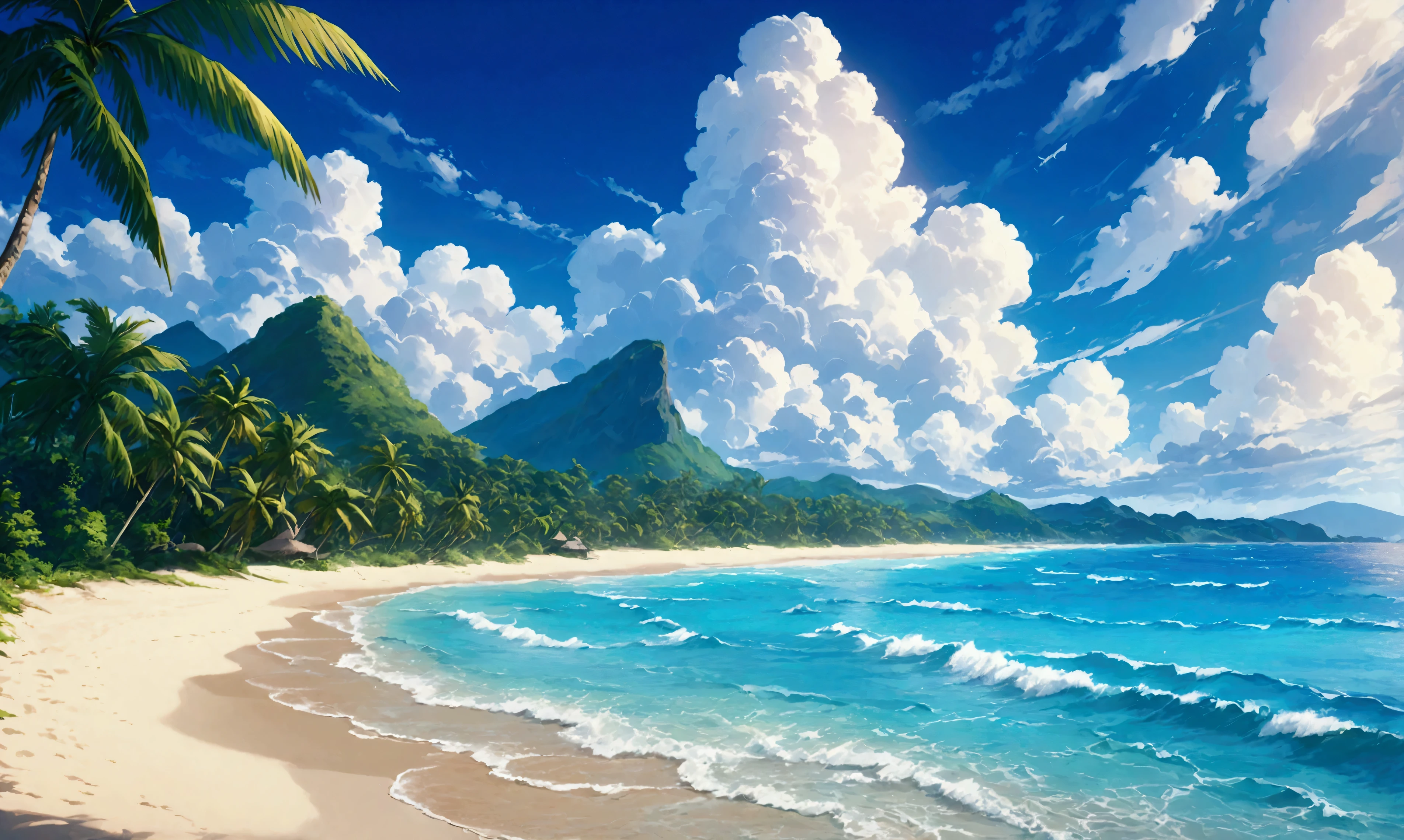 Tropical Beach,Summer Clouds,Daytime,Highest quality, 8k, High resolution, masterpiece:1.2, Very detailed, Realistic:1.37, High resolution, 超High resolution, Very detailed, Professional, Vibrant colors
