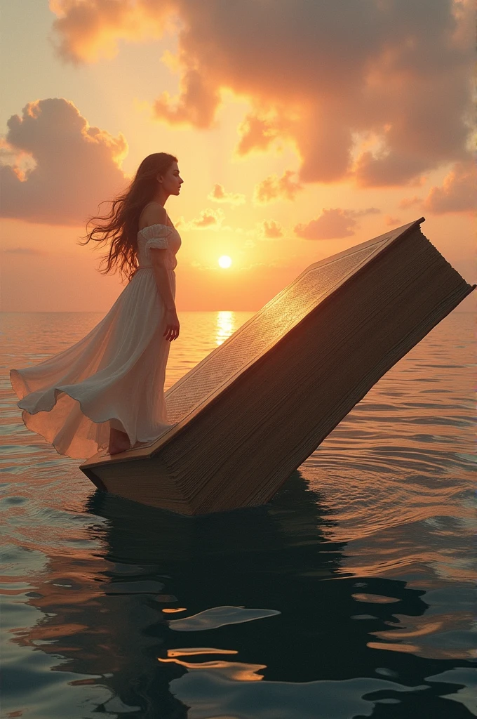 Giant open book floating diagonal on ocean sunrise. Woman in dress standing on left side of book
