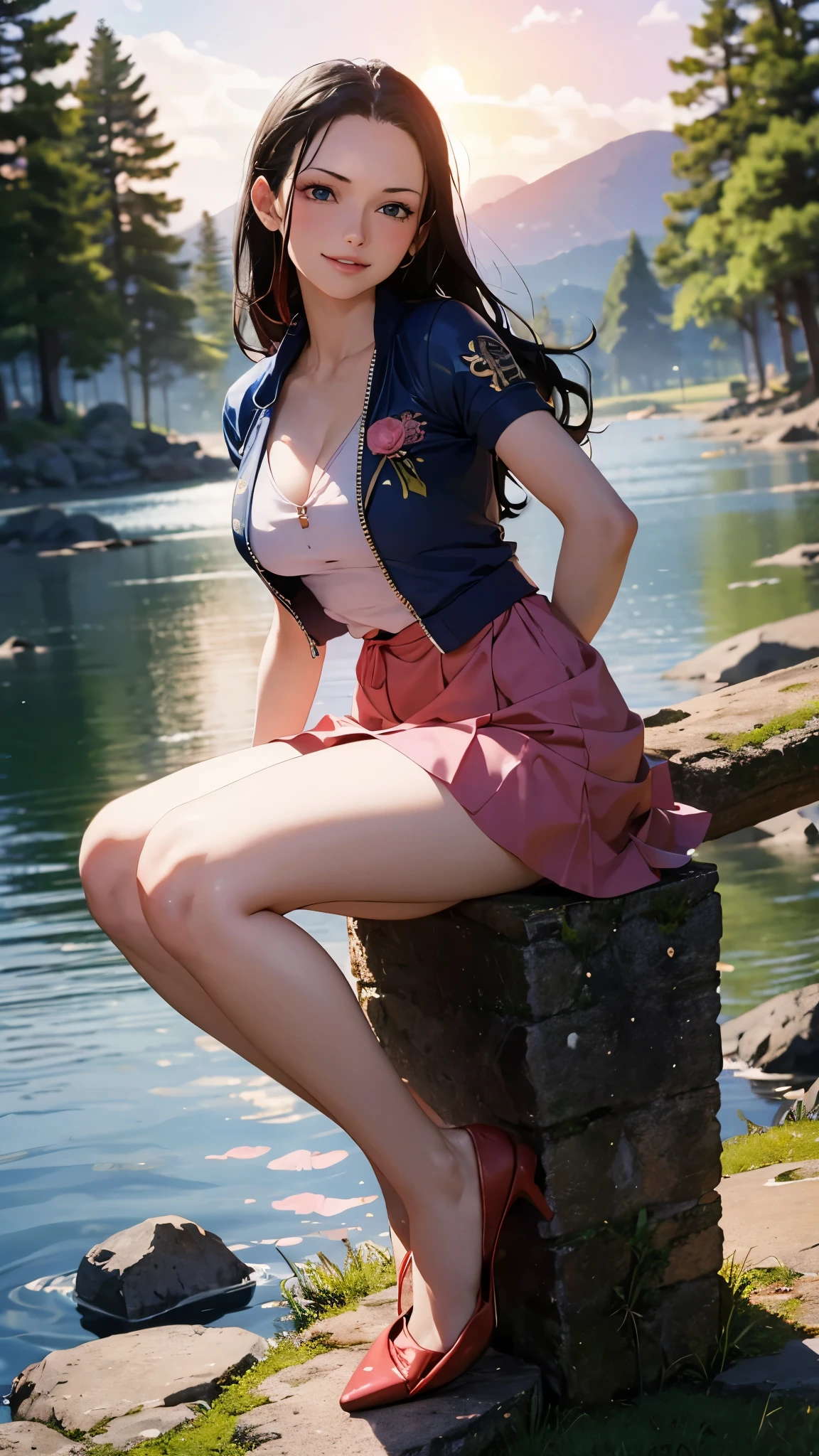 Masterpiece,1 girl, Nico robin,beautiful face, sitting on lake, stones, beautiful trees, wearing long salong skirt,blue jacket,gold ornaments, bracelets,black long hairs, beautiful blue eyes, smiling happily, giving a pose, beautiful teeth,happy face,pino cheeks, highest resolution, best quality,8k resolution, hands on hairs, smooth face,filmy photography,pink trees,pink petals, pink blossoms,high saturation image, onepiece ship,ethic photography, marvelous scenery,view from top of the mountain, beautiful sunset, rainbow