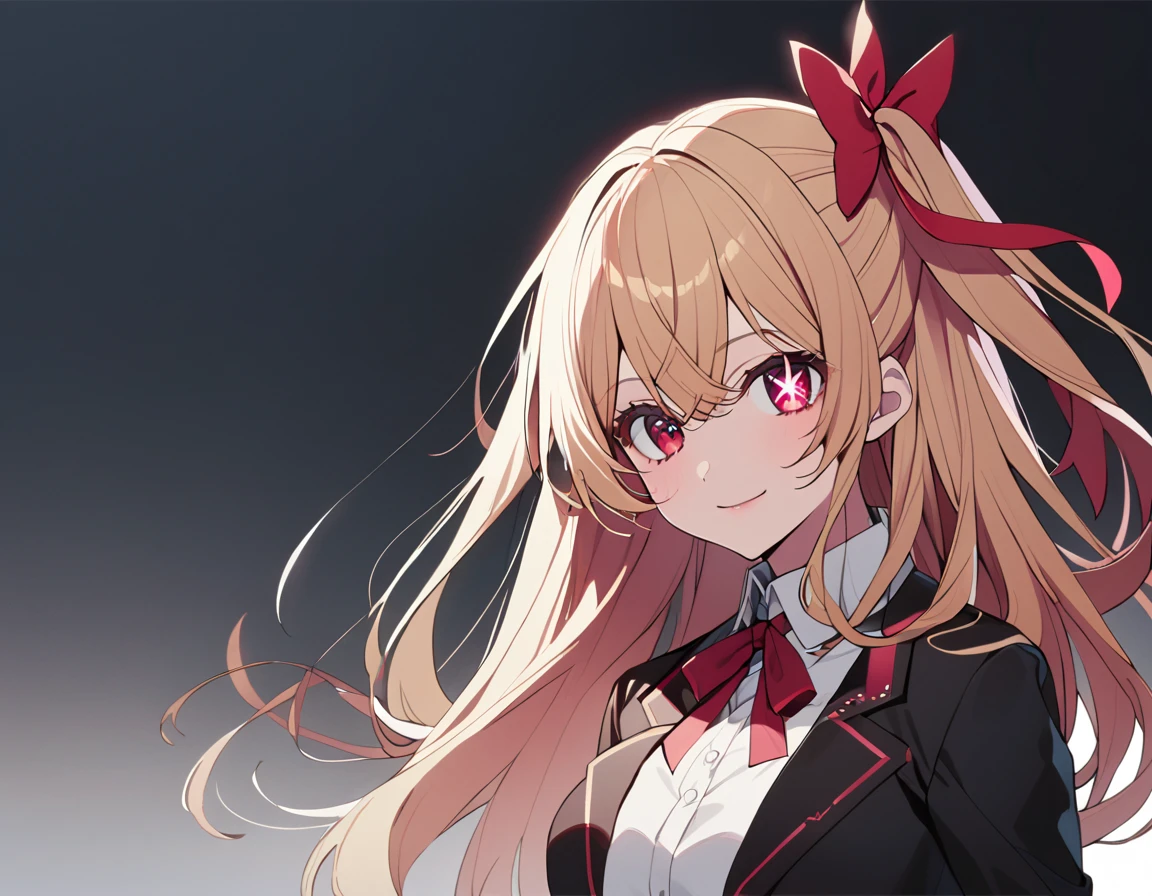1 girl(Oshinoko, Ruby Hoshino, blonde hair, left side tail, red eyes, star shaped pupils in right eye, black blazer, white shirt, red big ribbon on chest, black, white skirt, light smile)