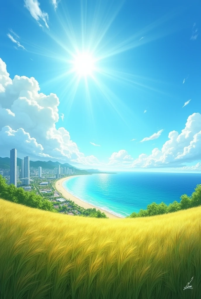 Blue sky Beyond the vast grassland lies the city, and beyond the city lies the sea.