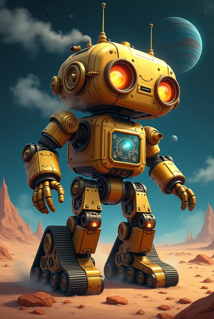Steampunk-style wheeled and tracked space explorer robot