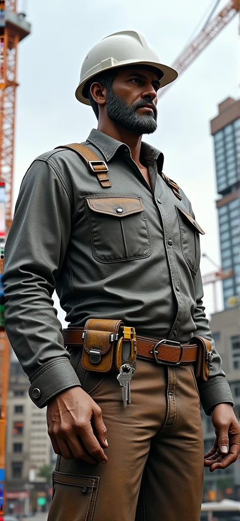 Create a statue of a modern-day construction master with the head of the suggested image, 1,74 tall, wearing a white helmet, work clothes and on the belt of his pants a bunch of keys and a tape measure should appear