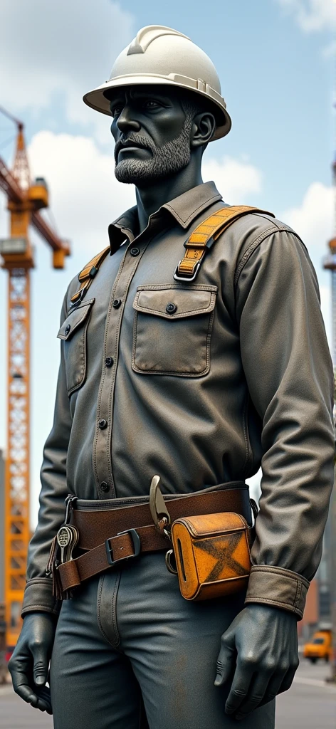 Create a statue of a modern-day construction master with the head of the suggested image, 1,74 tall, wearing a white helmet, work clothes and on the belt of his pants a bunch of keys and a tape measure should appear