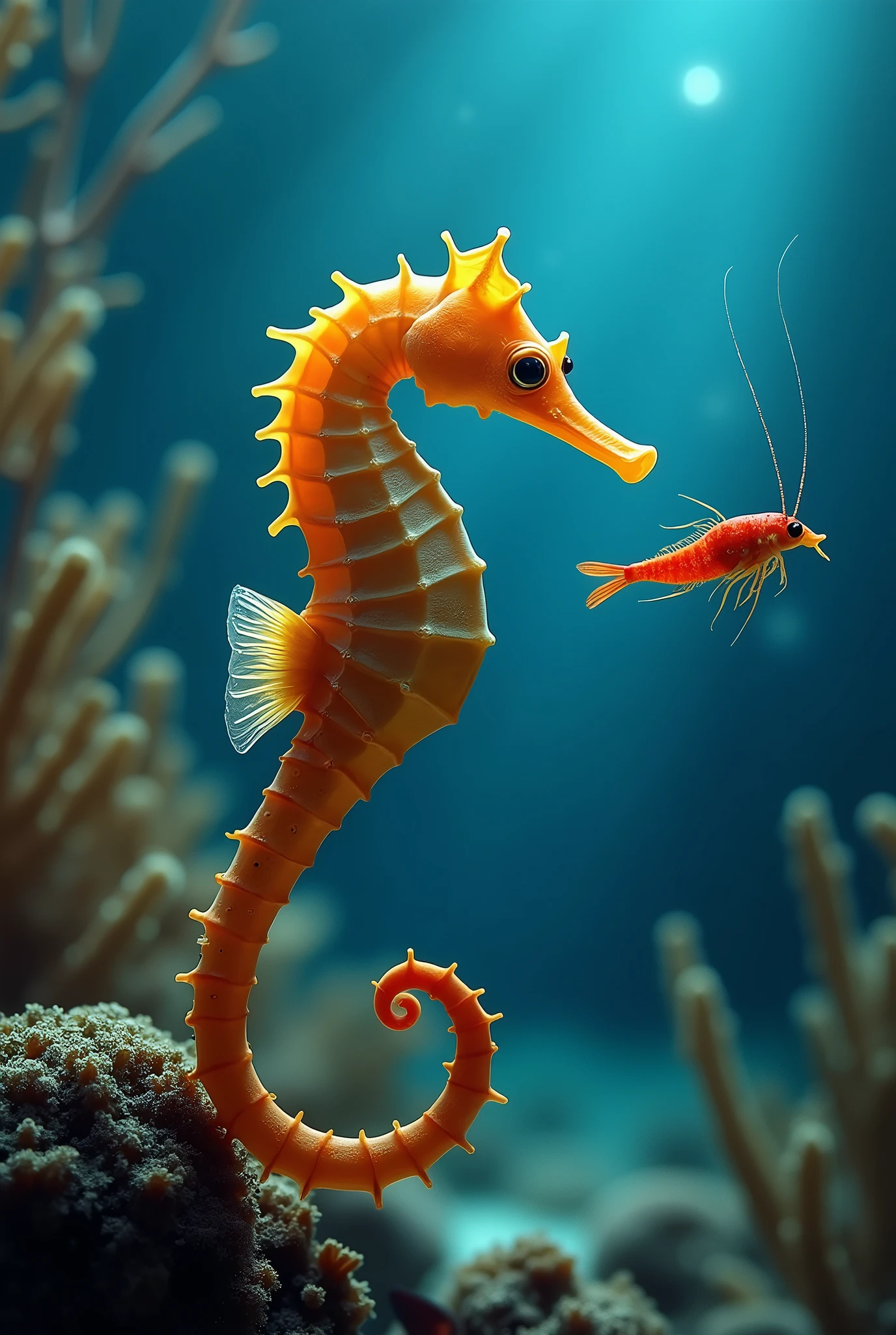 A seahorse(hippocampus)Chasing shrimp in the sea,motion blur, Sony FE, Verism, 4K