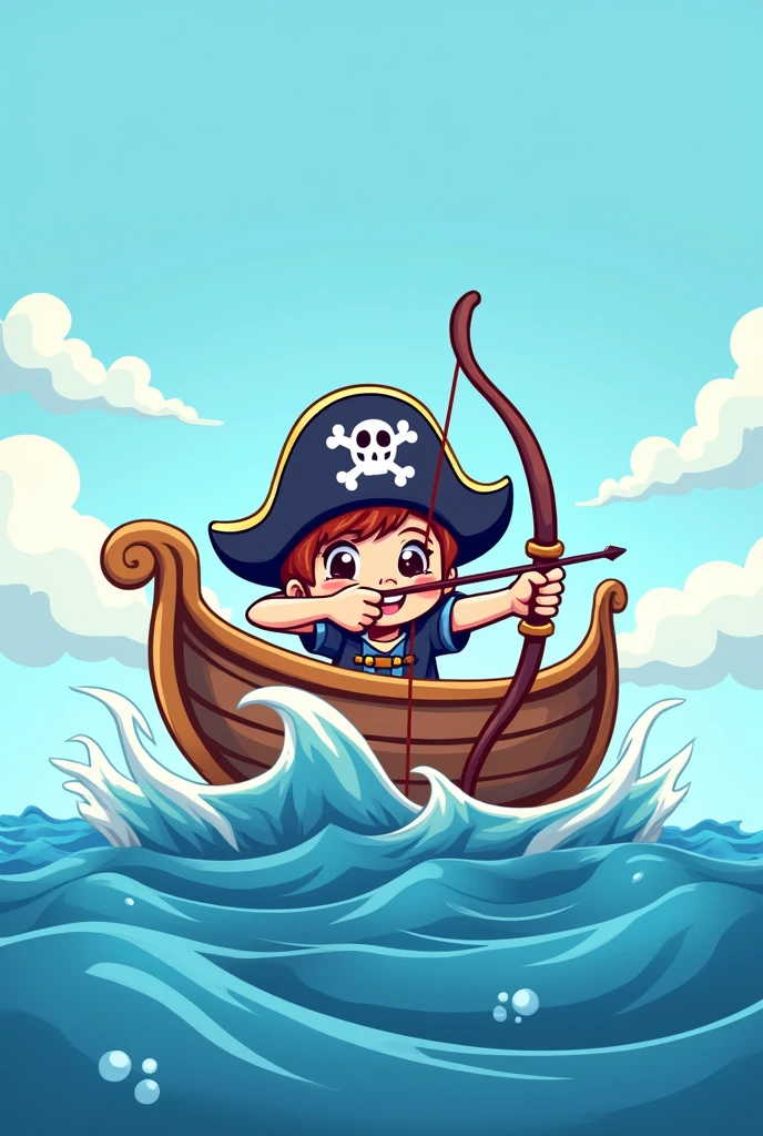 Create a logo for the archery club.Chibi style. Pirate figure sitting on a boat sailing through waves, just archery. Cheerful style