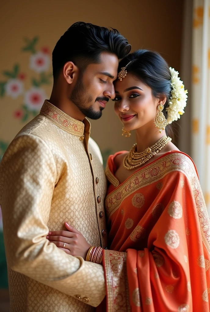 Indian couple in traditional wear,their face type is ovale and well developed jaw line and man with fair tone skin and the picture type is Portrait closeup
