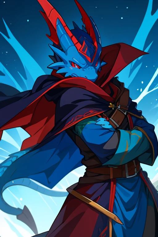 A dragon with blue scales and red eyes wearing a cloak with rogue clothing covering its entire body..