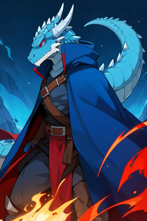 A dragon with blue scales and red eyes wearing a cloak with rogue clothing covering its entire body..