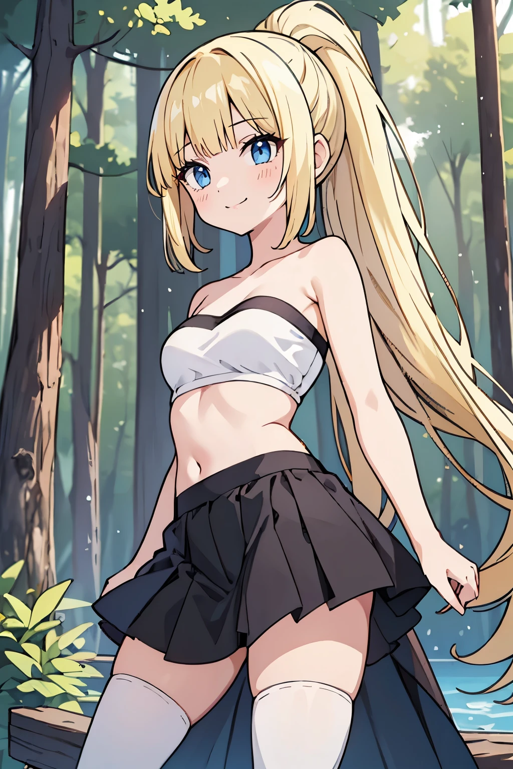 solo girl, (young female body:1.4), ( medium small breasts), cowboy shot, shy smile, flustered, yellow golden hair, extra long hair, thick wavy hair, hime cut, very blunt bangs, light blue eyes, white tight tube top, sleeveless white tube top, starpless, black skirt, knee high socks, forest background, trees and bushes and a lake, high ponytail, short black skirt, tube top, exposed collarbones, exposed midriff , strapless top