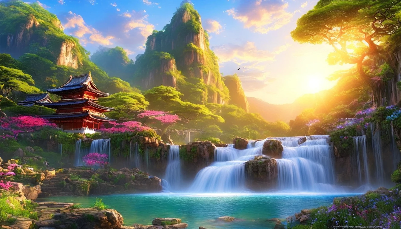 backgroundสไตล์จีน, backgroundภูเขานิกายเซียนอมตะ, Eternal Light, Slightly elevated view, ((background:1.8))
(best quality,masterpiece, complicated,Very detailed,Practical,RAW photos,8K Ultra HD,Ultra-high resolution,photoPractical style,Movie Scenes, Clear focus,la lueur de,Very detailed CG ユニティ壁紙) ,Seam,Tower and waterfall,sunrise,