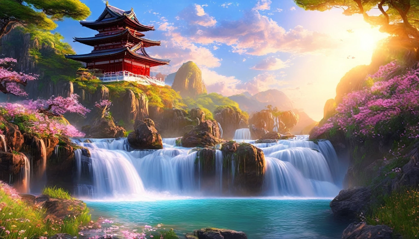 backgroundสไตล์จีน, backgroundภูเขานิกายเซียนอมตะ, Eternal Light, Slightly elevated view, ((background:1.8))
(best quality,masterpiece, complicated,Very detailed,Practical,RAW photos,8K Ultra HD,Ultra-high resolution,photoPractical style,Movie Scenes, Clear focus,la lueur de,Very detailed CG ユニティ壁紙) ,Seam,Tower and waterfall,sunrise,