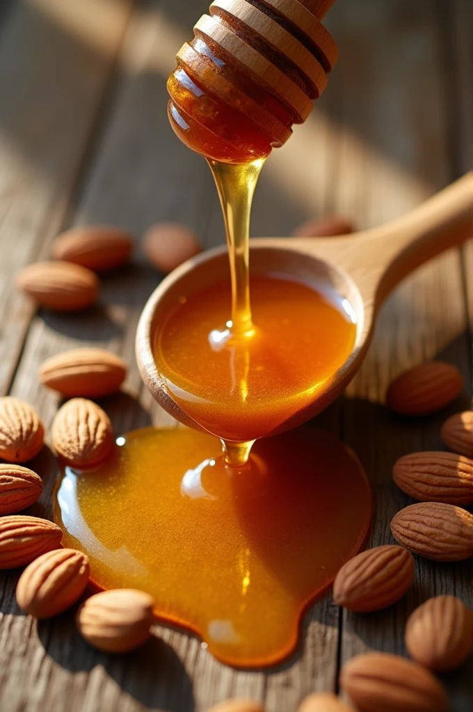 Mixed honey almonds pouring honey from a wooden spoon